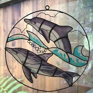 Handcrafted Capiz Shell Dolphins "Stained Glass" Sun Catcher Hanging Decor